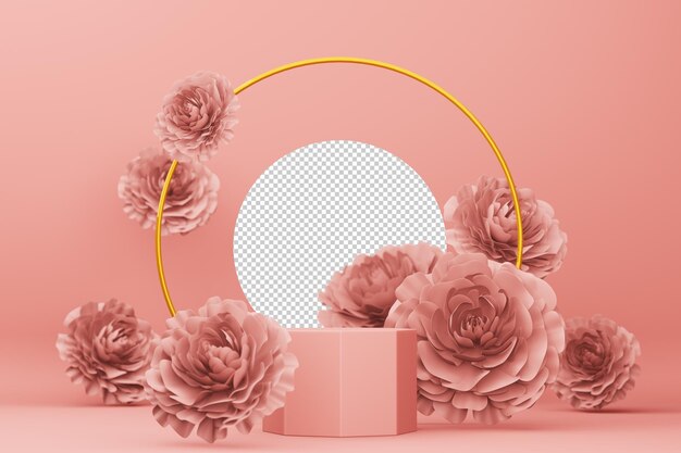 Exibição vazia com flor rosa para renderização em 3d de apresentação