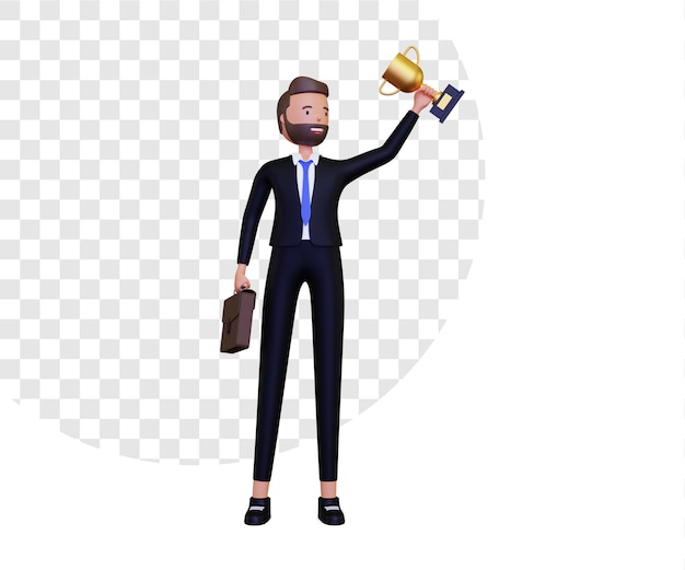 Éxito 3d con hombre de negocios levantando trofeo de oro