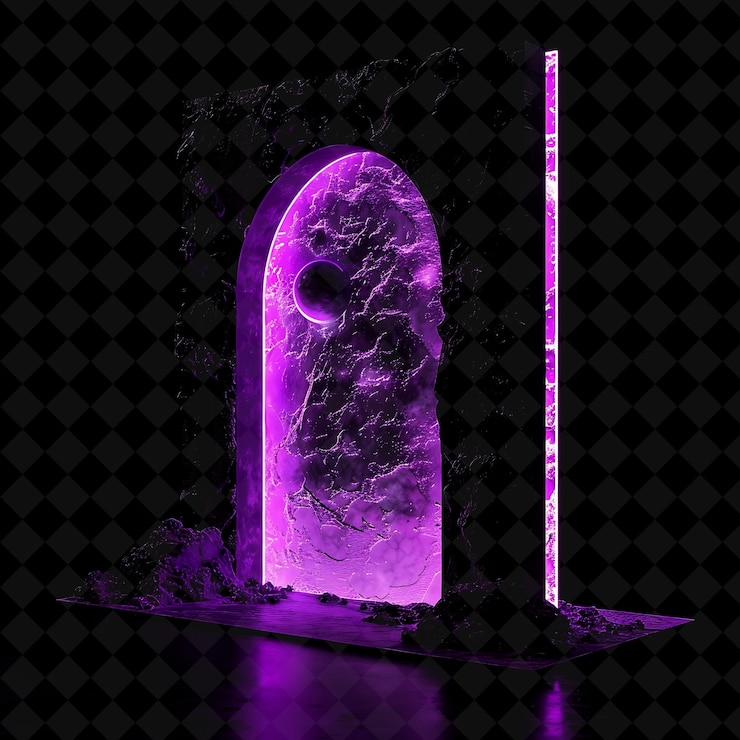 PSD exoplanetary gate con mondi lontani e cieli viola realizzati in png y2k shape neon color collection