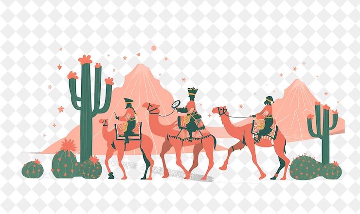 PSD exótico desierto navideño con exploradores y camellos diseño es ilustración diseño artístico navideño