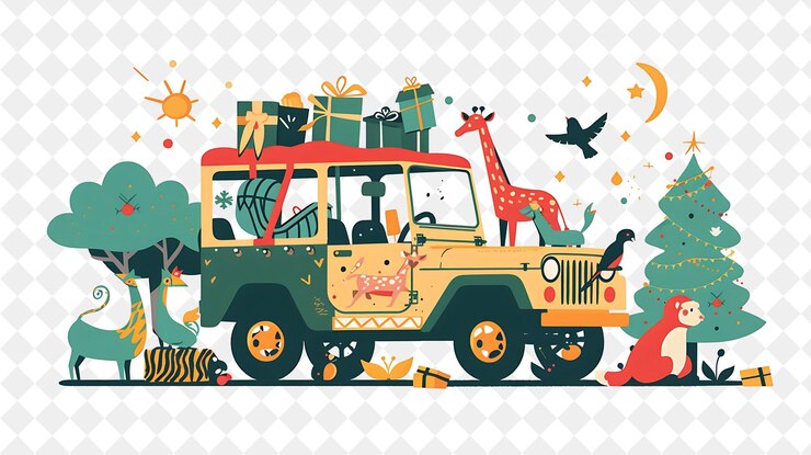 PSD exótico safari navideño con exploradores y animales diseño es ilustración diseño artístico navideño