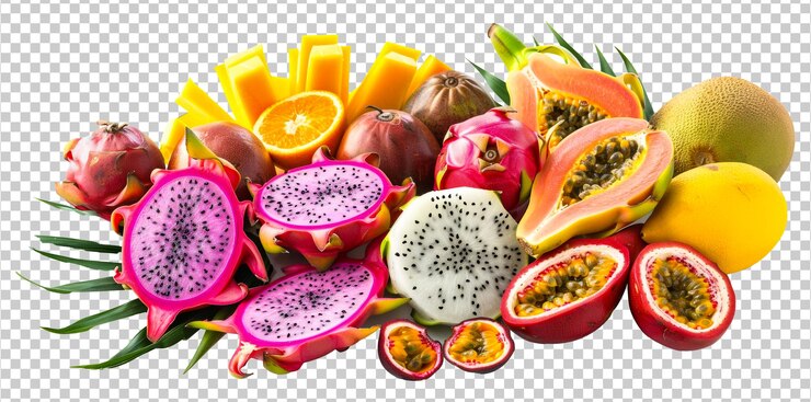 PSD exotische tropische fruchtsortiment mit drachenfrucht und passionsfrucht, isoliert auf transparentem hintergrund png