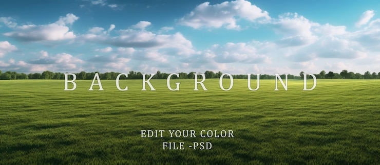 PSD expanse of green grass and blue sky in the hot sun