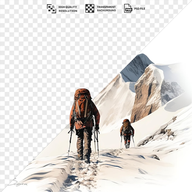 Una expedición de montaña fotográfica realista única capturada contra un cielo blanco con una mochila naranja y pantalones marrones