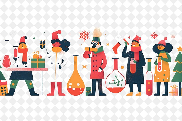 PSD experimento científico de navidad con personajes que conducen la ilustración de holi diseño artístico de navidad