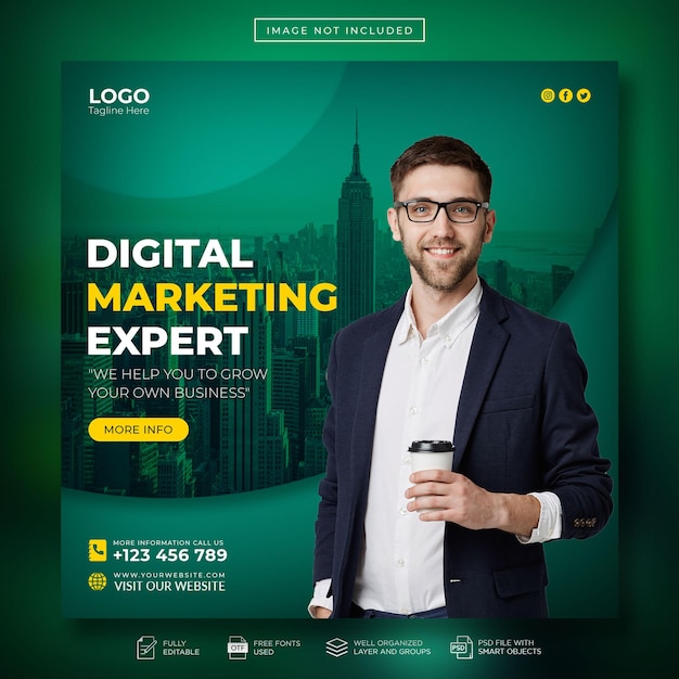 Expert en marketing numérique et modèle de publication sur les réseaux sociaux ou de bannière Web d'entreprise