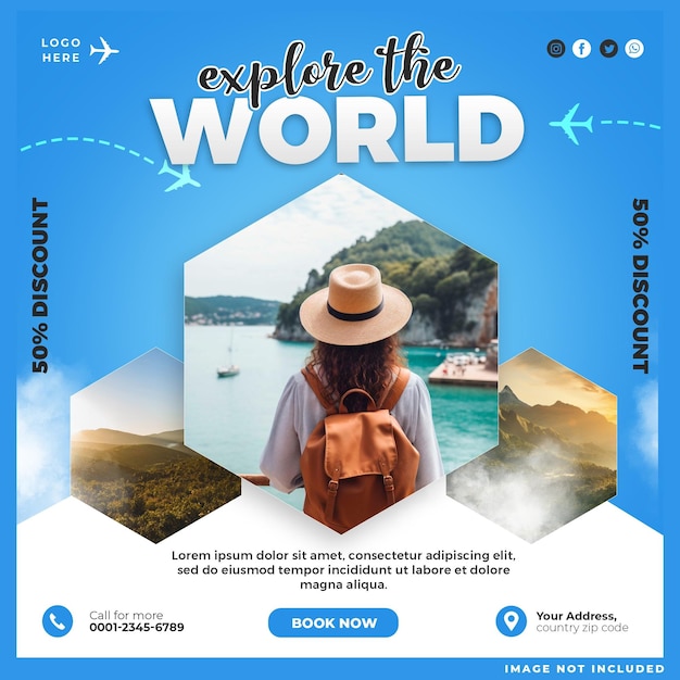 Explora el mundo Viajes Medios Sociales Template de diseño de publicaciones