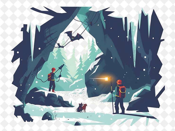PSD exploración aventurera de cuevas navideñas con exploradores y diseño artístico navideño de ba illustration