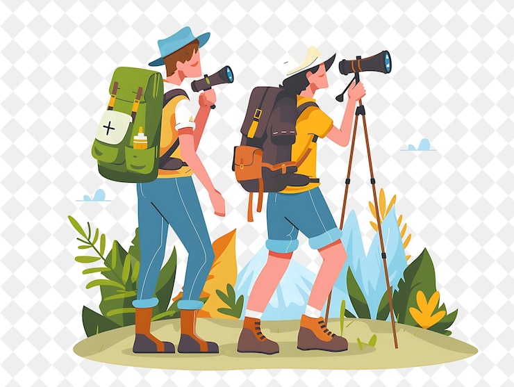 PSD explorador aventurero con personajes explorando y descubriendo a la gente de png en la ilustración del trabajo diario