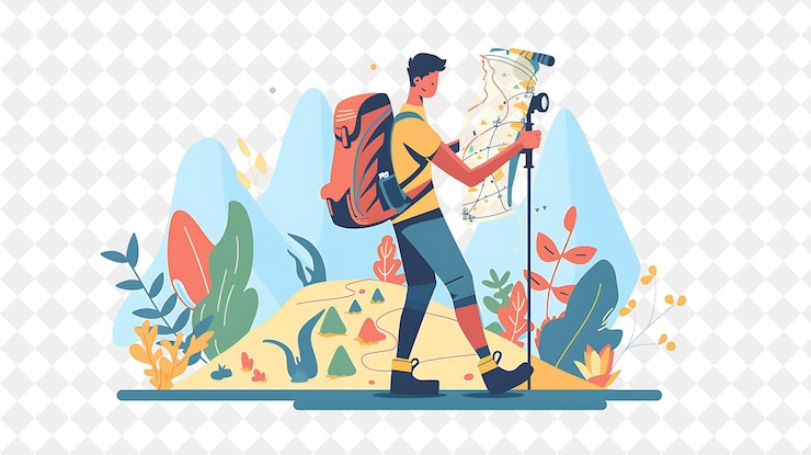 PSD explorador aventurero con personajes explorando y descubriendo a la gente de png en la ilustración del trabajo diario