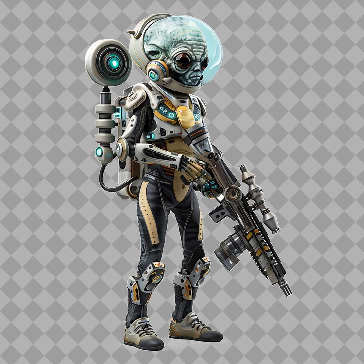 PSD explorador espacial alienígena anciano con forma delgada renderizado de personajes de alta calidad aislados del espacio avanzado