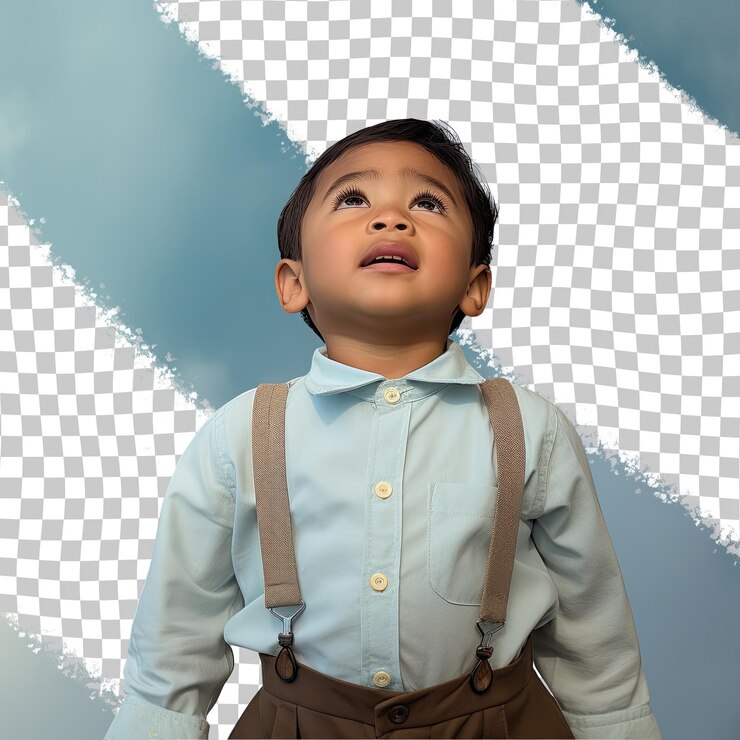 PSD exploradores soñadores confiados de las islas del pacífico un niño en edad preescolar vestido de antropólogo mira el horizonte azul pastel
