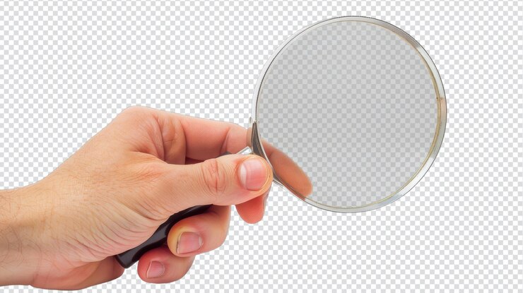 PSD explorando detalles con la mano sosteniendo una lupa aislada sobre un fondo blanco para obtener información analítica