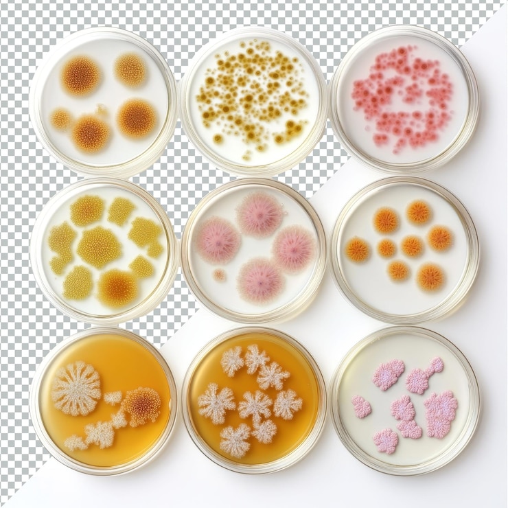 PSD explorando diversas colonias de bacterias que prosperan en placas de petri en un laboratorio de microbiología diferentes tipos de colonias de bacteria en placas de petri sobre un fondo transparente