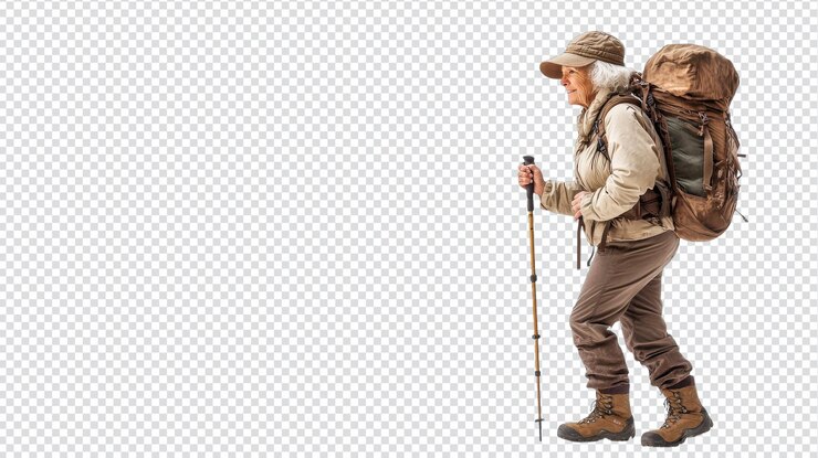 PSD explorar el aire libre una anciana con equipo de senderismo con un bastón listo para la aventura en la naturaleza