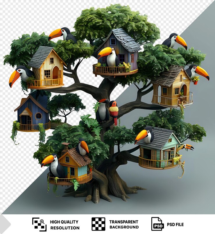 PSD explore una caprichosa colección de casas en los árboles de tucanes con pájaros de colores y una encantadora casa con techo gris