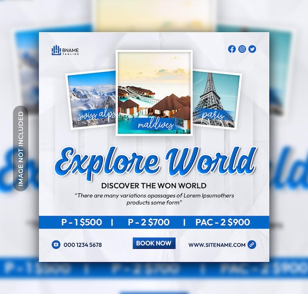 Explore el folleto de turismo de viajes de la plaza mundial o la plantilla de publicación de redes sociales de Instagram