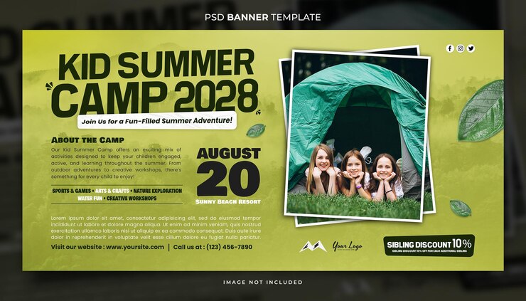 PSD explore o modelo de capa ou banner do acampamento de verão wild kid