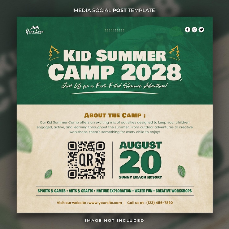PSD explore la plantilla de publicaciones sociales de los campamentos de verano de learn play kid