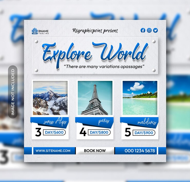 PSD explorez le dépliant touristique de world square ou le modèle de message sur les réseaux sociaux instagram