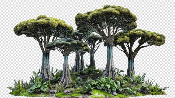 PSD explorez l'énigmatique jungle extraterrestre avec des arbres colossales et une flore radiante bioluminescente pour l'inspiration artistique