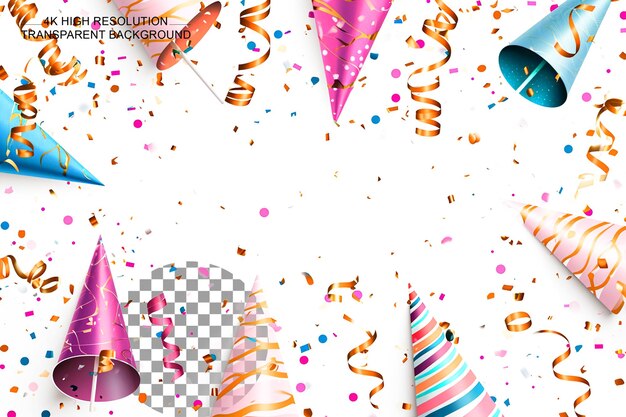 PSD explosão de cone violeta confete serpentina boné de aniversário em fundo plano colorido