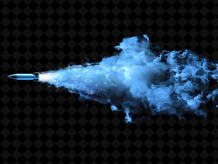 PSD explosão de míssil com fogo de foguete e fumaça efeito de néon azul frio e w png em fundo escuro