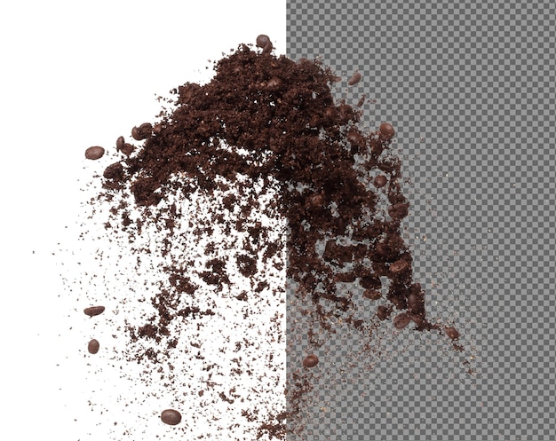 Explosão de mosca de grão de café misturado em pó Grão de café triturado misturado flutuar explodir mosca de nuvem abstrata Poeira de café grão de pó salpico jogando no ar Fundo branco isolado congelamento de obturador de alta velocidade