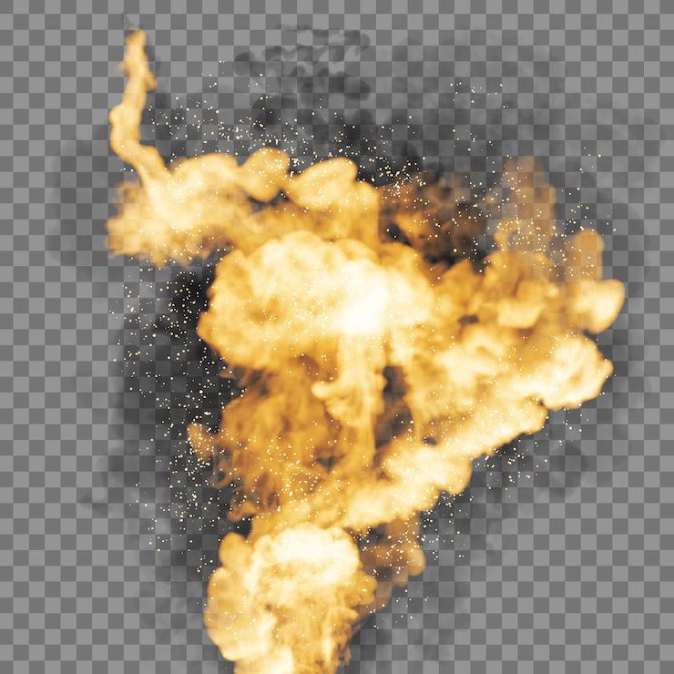 PSD explosión abstracta dinámica con llamas brillantes y humo en un fondo transparente