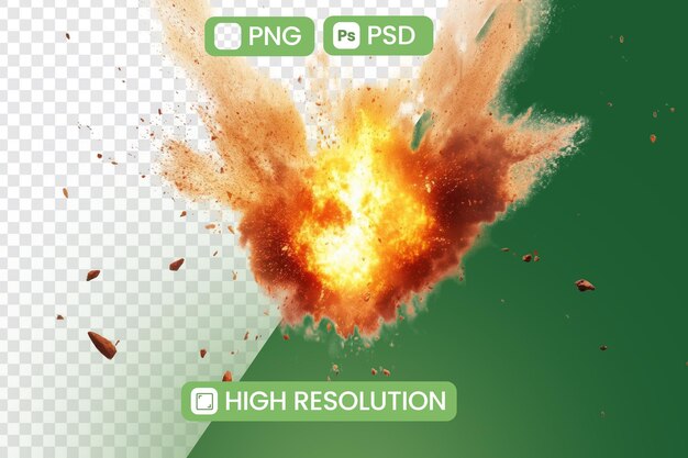 La explosión ardiente crea una nube de escombros con efecto de destrucción Los archivos de formato Png y Psd están disponibles con alta resolución