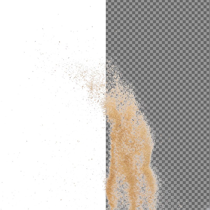 PSD explosión de arena voladora ola de arena dorada explota nube de arena abstracta vuela salpicaduras de arena de color amarillo arrojando en el aire fondo blanco obturador de alta velocidad aislado arrojando congelación movimiento de parada png