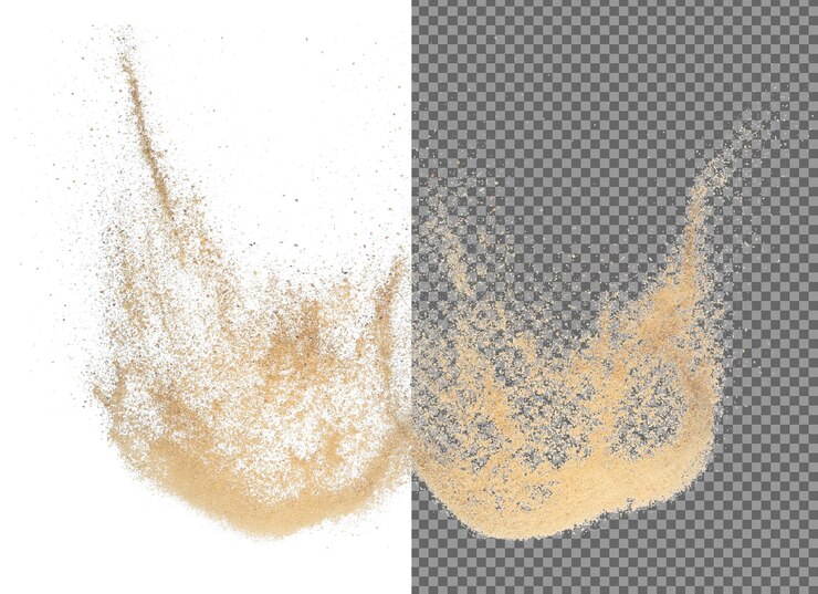PSD explosión de arena voladora ola de arena dorada explota nube de arena abstracta vuela salpicaduras de arena de color amarillo arrojando en el aire fondo blanco obturador de alta velocidad aislado arrojando movimiento de congelación de parada