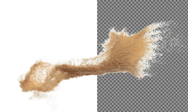 Explosión de arena volando Ola de grano dorado explotando Nube abstracta volando salpicaduras de arena de color amarillo arrojando en aire Fondo blanco obturador de alta velocidad aislado arrojando congelar movimiento de parada