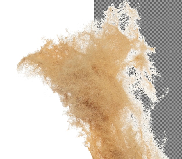 Explosión de arena volando Ola de grano dorado explotando Nube abstracta volando salpicaduras de arena de color amarillo arrojando en aire Fondo blanco obturador de alta velocidad aislado arrojando congelar movimiento de parada