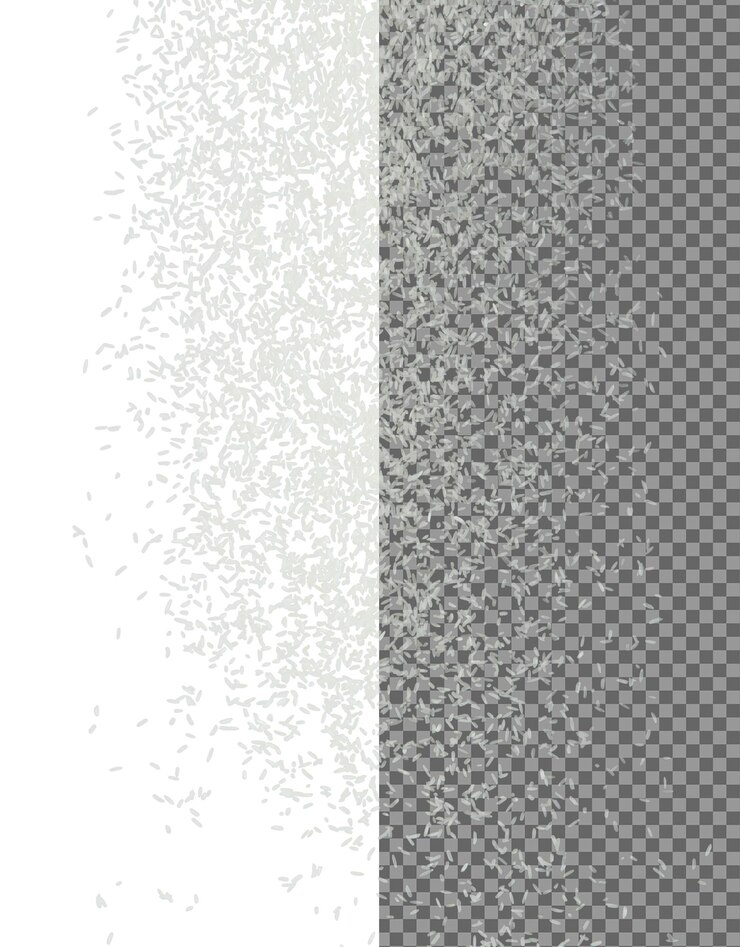PSD explosión de arroz volador japonés arroz de grano blanco explota mosca de nube abstracta hermosa salpicadura de semilla completa de arroz en el aire diseño de objeto de comida enfoque selectivo congelado disparo fondo negro aislado