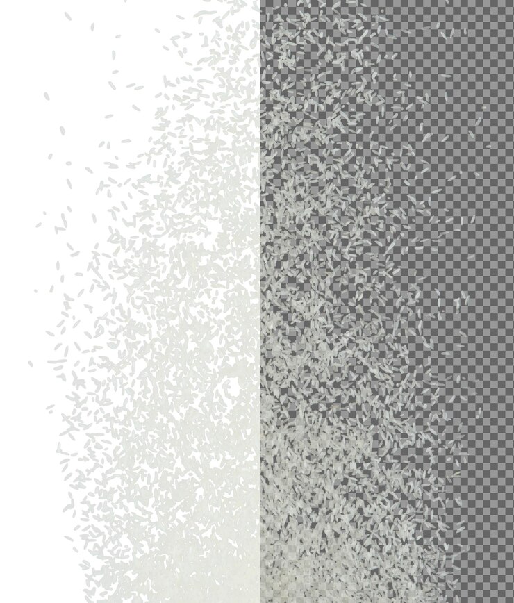 PSD explosión de arroz volador japonés arroz de grano blanco explota mosca de nube abstracta hermosa salpicadura de semilla completa de arroz en el aire diseño de objeto de comida enfoque selectivo congelado disparo fondo negro aislado