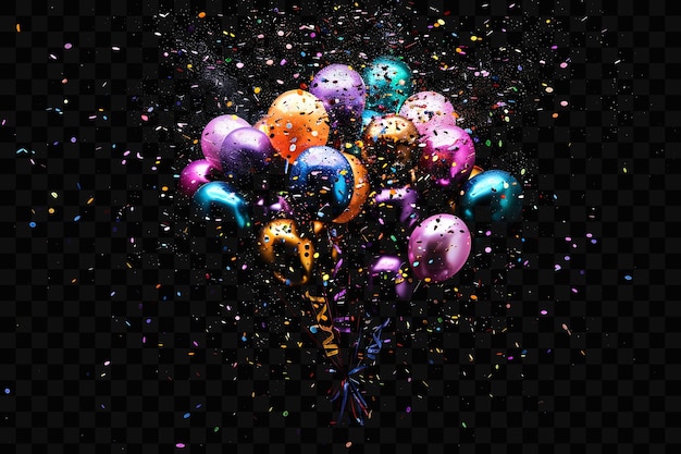 PSD explosion de ballon avec des rubans de confetti et des chapeaux de fête effet néon art de recouvrement de fond de film fx