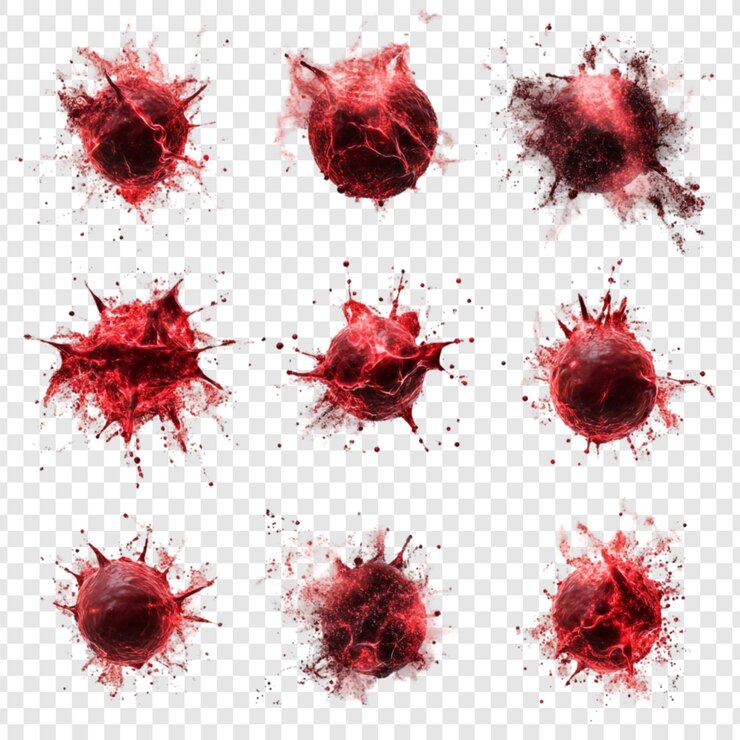 PSD explosión celular microscópica una colección de nueve renderizaciones 3d de alta resolución que muestran la explosión dinámica de una sola célula capturando los intrincados detalles de su desintegración en vivos tonos rojos