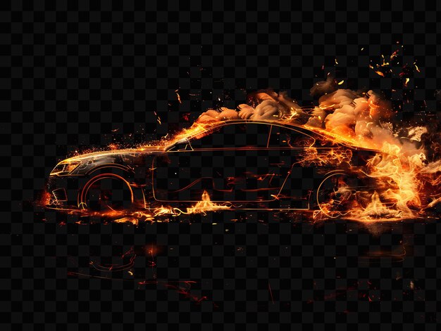 PSD explosión de coche con piezas de vehículo llamas y humo rojo cálido un efecto fx film background overlay art