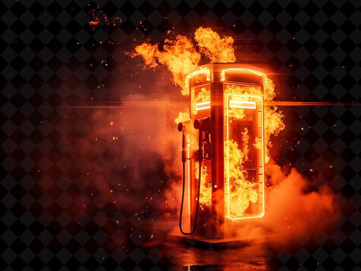 PSD explosión de combustible con bomba de gas fuego y humo efecto de neón png rojo y amarillo cálido en fondo oscuro