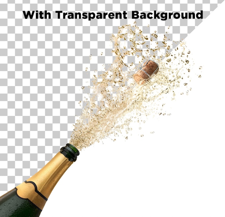 PSD explosion einer schwarzen champagnerflasche mit kork und spritzen zur weihnachtsfeier png psd