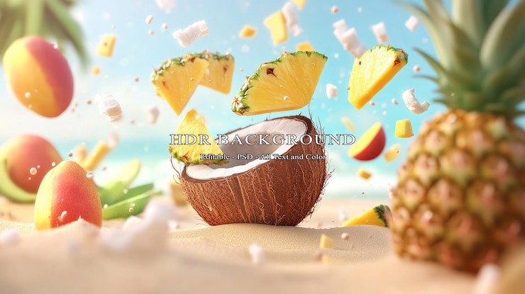 PSD explosión de frutas tropicales un paraíso de playa de verano