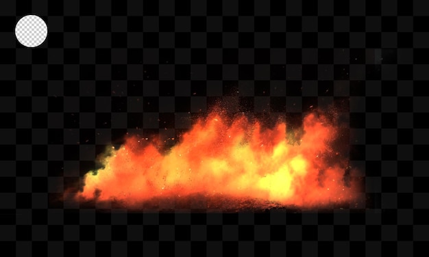 Una explosión de fuego con llamas anaranjadas y amarillas en un fondo transparente