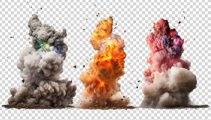PSD explosión de fuego realista con humo y llamas aisladas en un fondo transparente