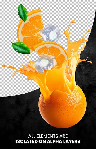 Explosion de jus d'orange isolée sur des couches alpha png