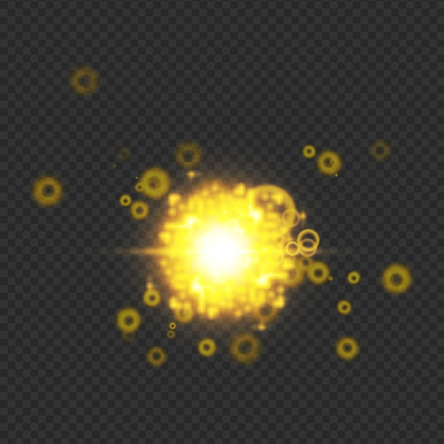Explosión de luz amarilla brillante con partículas brillantes en un fondo transparente
