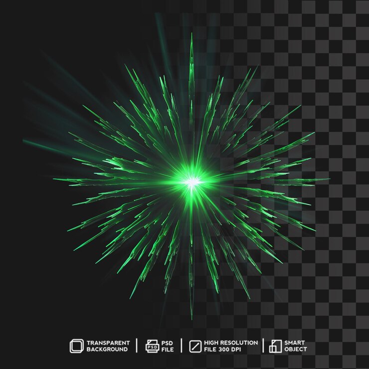 PSD explosión de luz verde brillante efecto de ráfaga fascinante sobre fondo transparente aislado