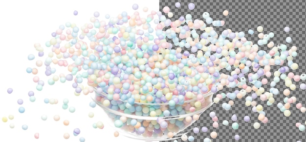 Explosión de mini bolas de espuma de estiro Mini bolas de estiro de espuma pastel flotan explotan nube abstracta fly estiro de estiro pastel mini bolas esféricas salpicaduras lanzando en el aire Fondo blanco aislado