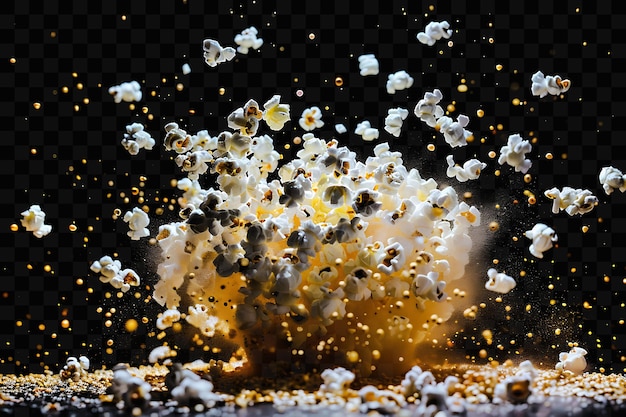 Explosión de palomitas de maíz con granos de palomita de maíz y efecto de microondas arte de superposición de fondo de la película fx