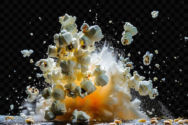 PSD explosión de palomitas de maíz con granos de palomita de maíz y efecto de microondas arte de superposición de fondo de la película fx